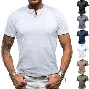 Men's Slim Fit Henley T-Shirt Short Sleeve - 96% Polyester 4% Spandex Stretch Casual Button Placket Tee, Lightweight Breathable Muscle Fit Top for Gym, Daily Wear - 6 Colors (White/Black/Khaki/Gray/Navy Blue/Army Green) S-XXL