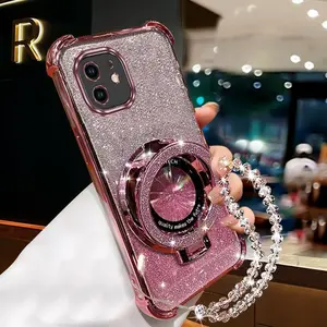 Fashion Strap Lanyard 12 Mini Durable PC Phone Holder Case Compatible With for iPhone 12 Mini Glittery with Crystal Style Chain Case Cover for Girls Phone Chains