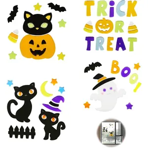 4Pcs Thick Gel Window Stickers for Kids - Easy to Install Halloween Window Decors Supplies with Cute Pumpkins, Witches & Bats