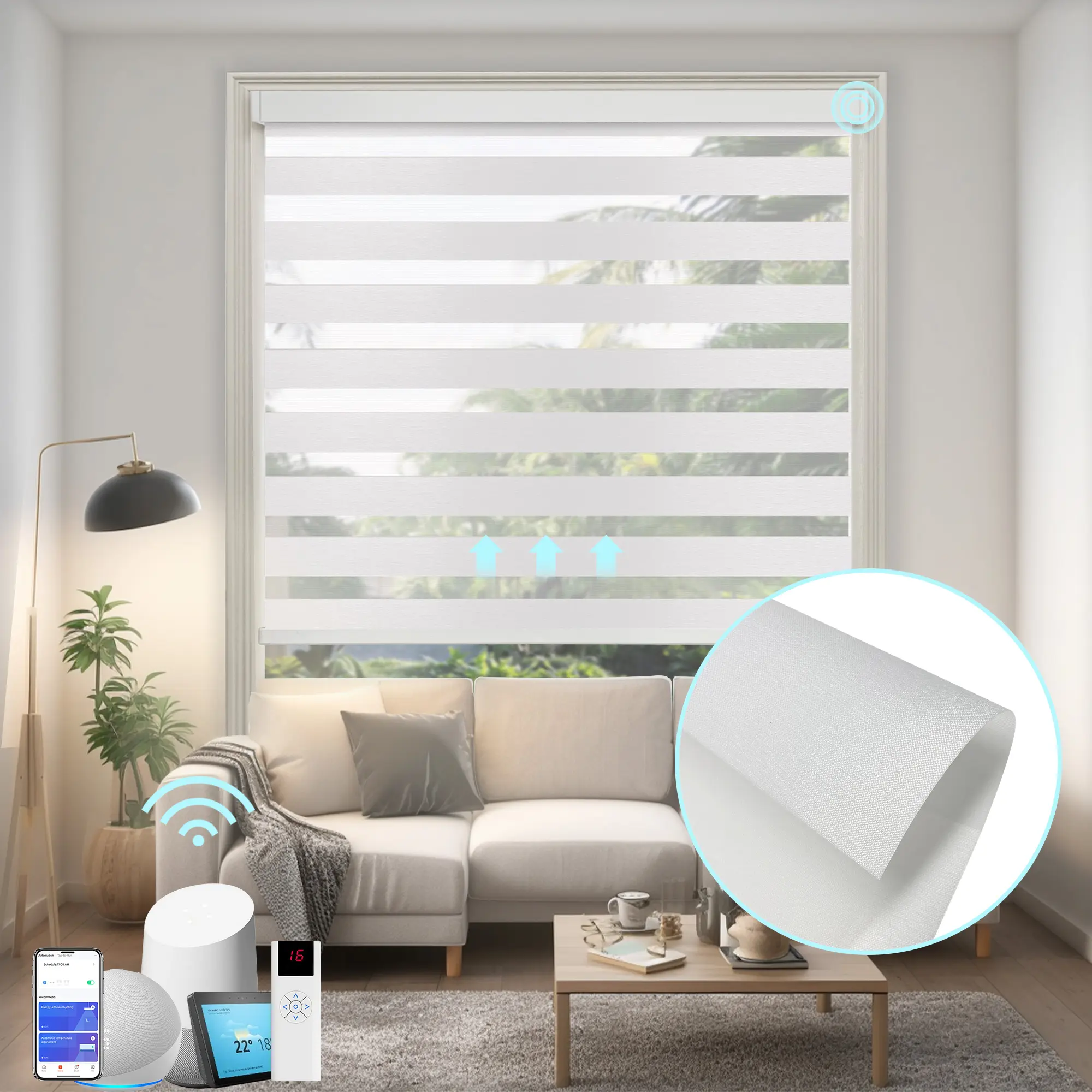 Motorized Zebra Blinds 20"-56" width, White Light Filter Fabric,  Remote controlled blinds for Windows,Cordless Auto Horizontal Curtains for Living Room, Kicthen, Kids Room