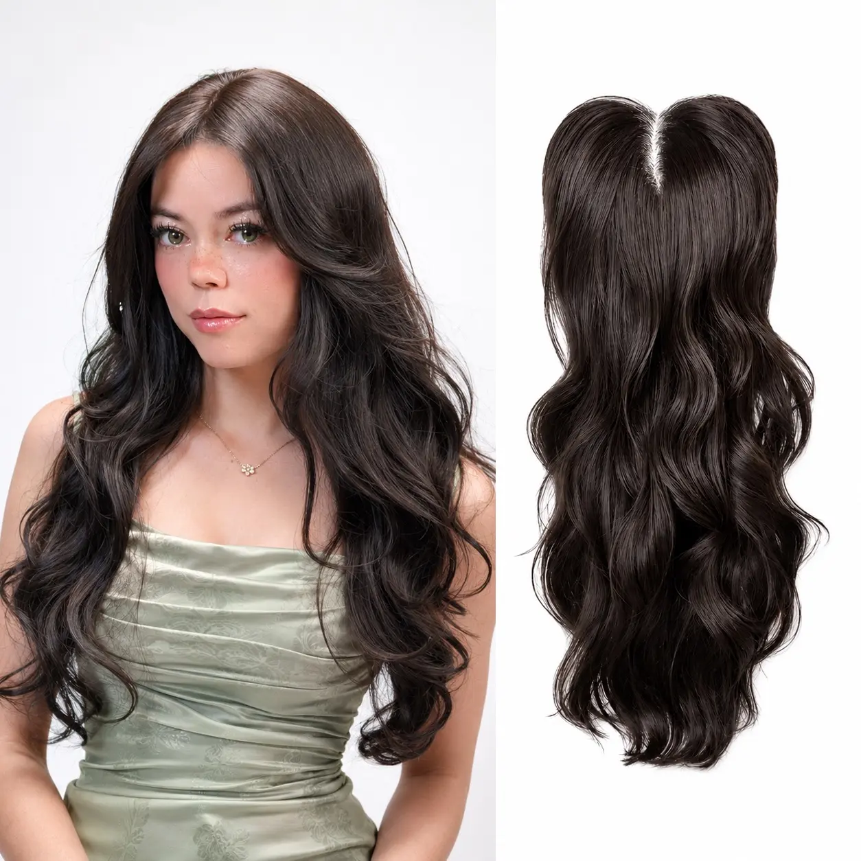 Full Coverage Black Brown 24 inch Hand Tied Hair Topper Cap-Free Wig No Glue or Wig Cap Needed Natural Hairline Blends Seamlessly with Your Hair Instant Volume&Length No Excess Lace, No Glue, No Hassle More Coverage Than a Topper, Easier Than a Wig