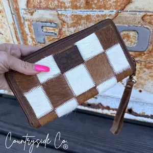 Countryside Co. Stockdale Checkered Cowhide Wallet for Women with Detachable Wristlet, 12 Credit Card Slots,Organizer wallets Clutch Wallet Long