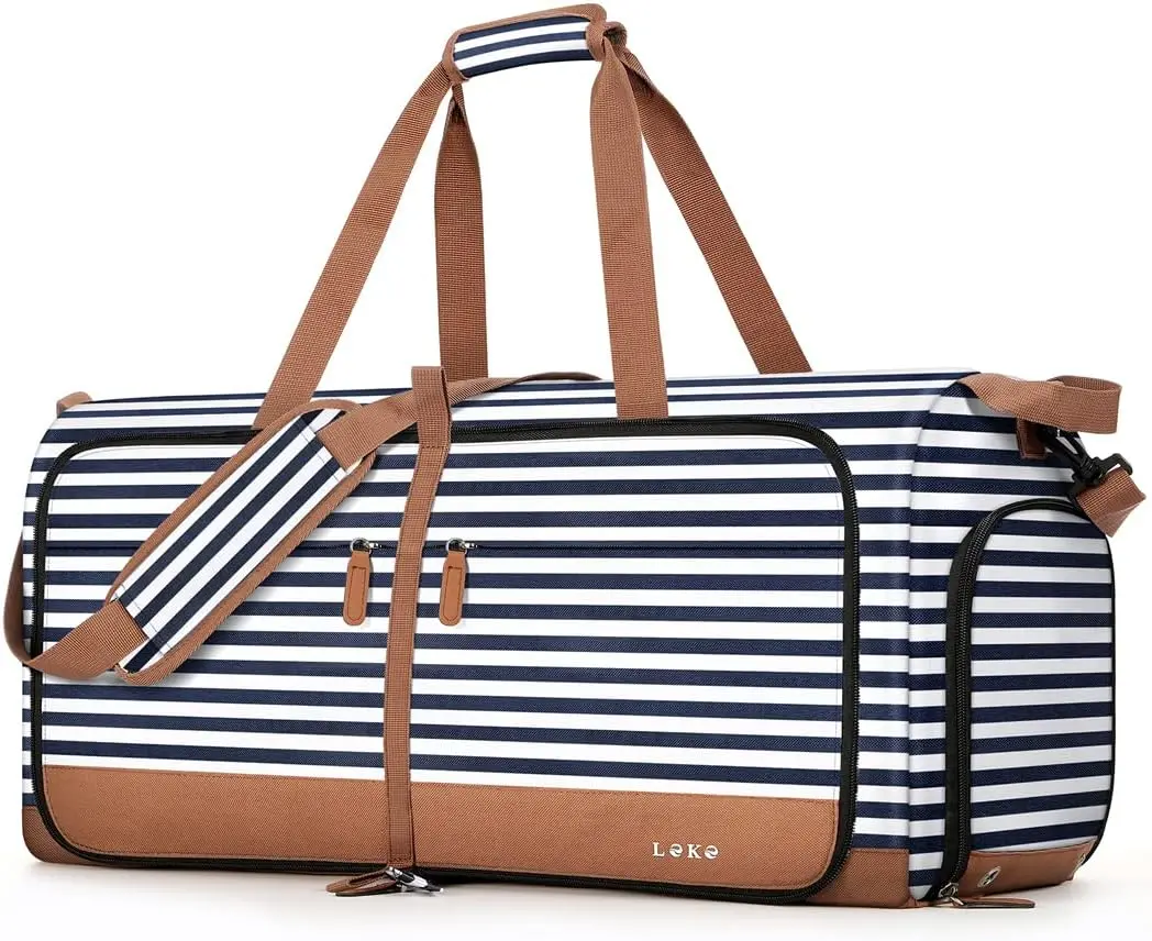 Foldable Travel Duffle Bag for Women, 80L Large Duffel Bag with Separate Shoes Compartments & Straps, Carry On Weekend Bag for Women, Hospital, Overnight (Blue Stripes)
