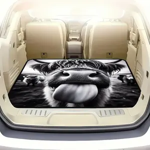 1pc Funny Scottish Highland Cow Trunk Mat with Sticking Out Tongue & Scottish Flag Design - Heavy-Duty Car Liner, Fit for SUVs & Sedans, Easy-Clean Dustproof Cargo, Car Accessories (Adorable Cow Print)
