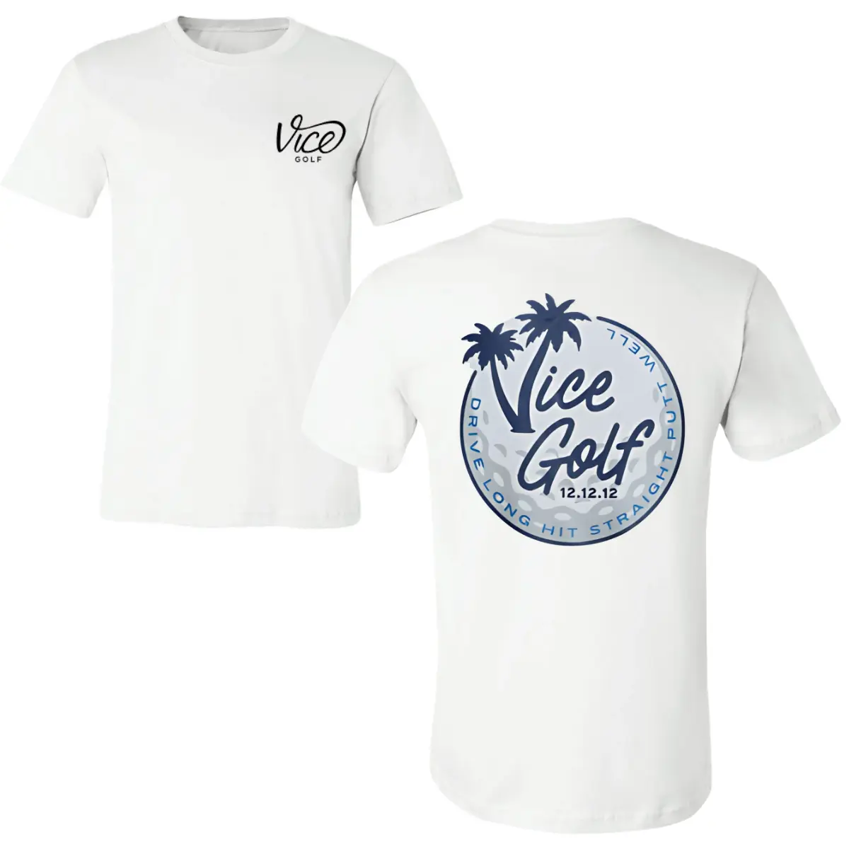 🌴⛳🏌️Vice Golf Logo T-Shirt, Palm Tree and Golf Ball Back Print Tee, Drive Long Hit Straight Putt Well Design, Soft Cotton Blend Shirt, Modern Casual Golf Apparel for Men and Women, Minimalist Golfer Gift
