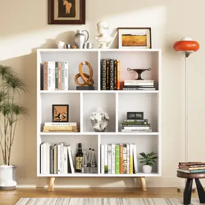 Walsunny Wooden Multi-Tier Open Shelf Bookcase, Shoes Storage Organizer Rack, 3 Tiers & 7 Cubes Book Shelf with Legs, Display Cabinet for Sideway, Bedroom, Office, White