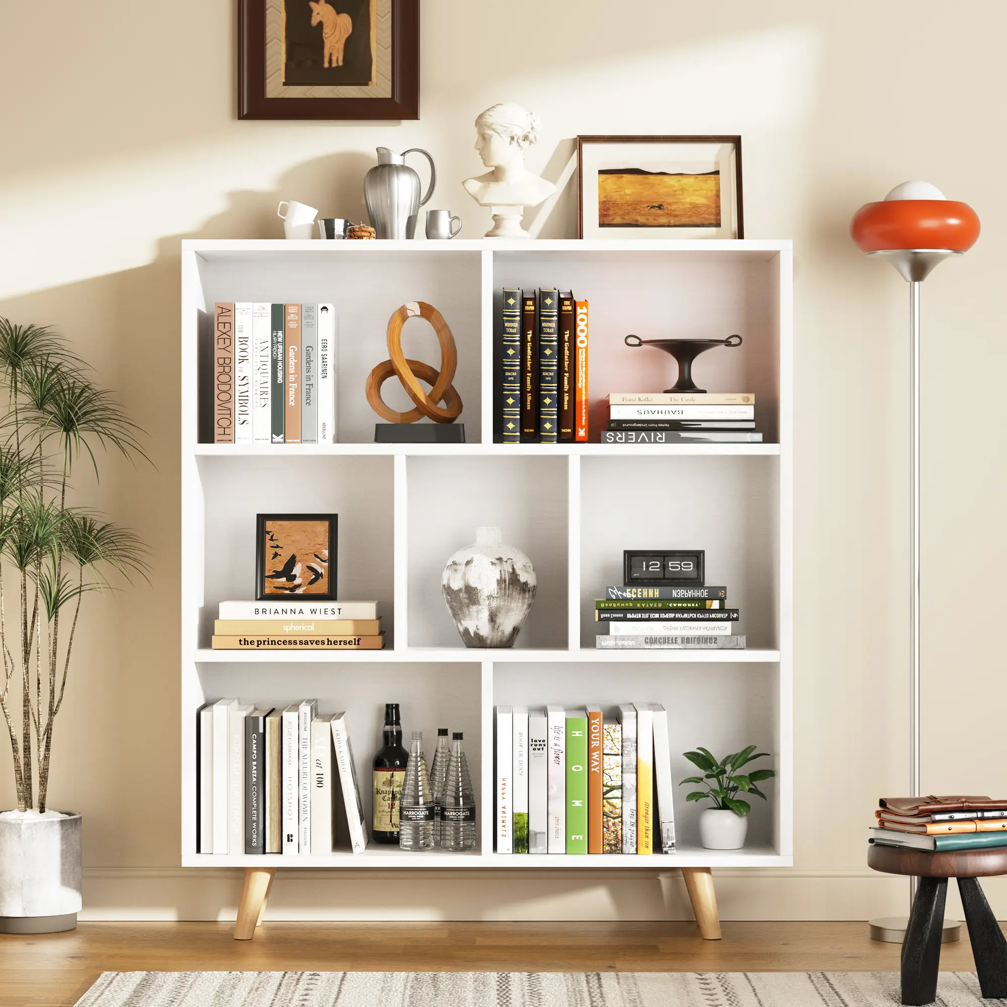 Walsunny Wooden Multi-Tier Open Shelf Bookcase, Storage Organizer Rack, 3 Tiers & 7 Cubes Book Shelf with Legs, Display Cabinet for Bedroom, Office, W