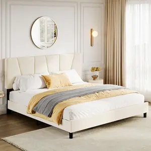 【GARVEE】Adjustable Velvet Upholstered Bed Frames in King, Full, and Twin Sizes with Tufted Headboards, Strong Wooden Slats, No Box Spring Needed, Easy Assembly, Beige/Cream Color