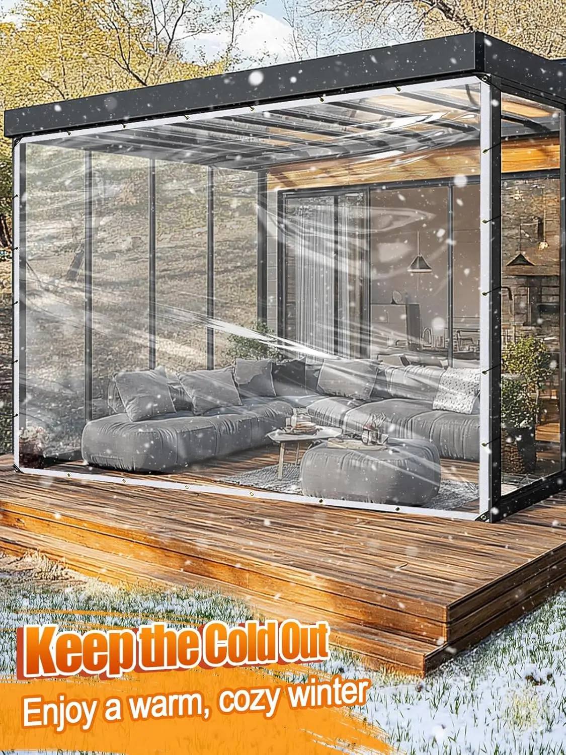 Heavy-Duty Clear Waterproof PVC Tarp, Windproof Cold-Proof Transparent Screen with Reinforced Triangle Metal Grommets & Draw Cords, Dustproof Protection, All-Weather Insulation Curtain for Patio, Porch, Deck, Backyard & Greenhouse Winter Protection