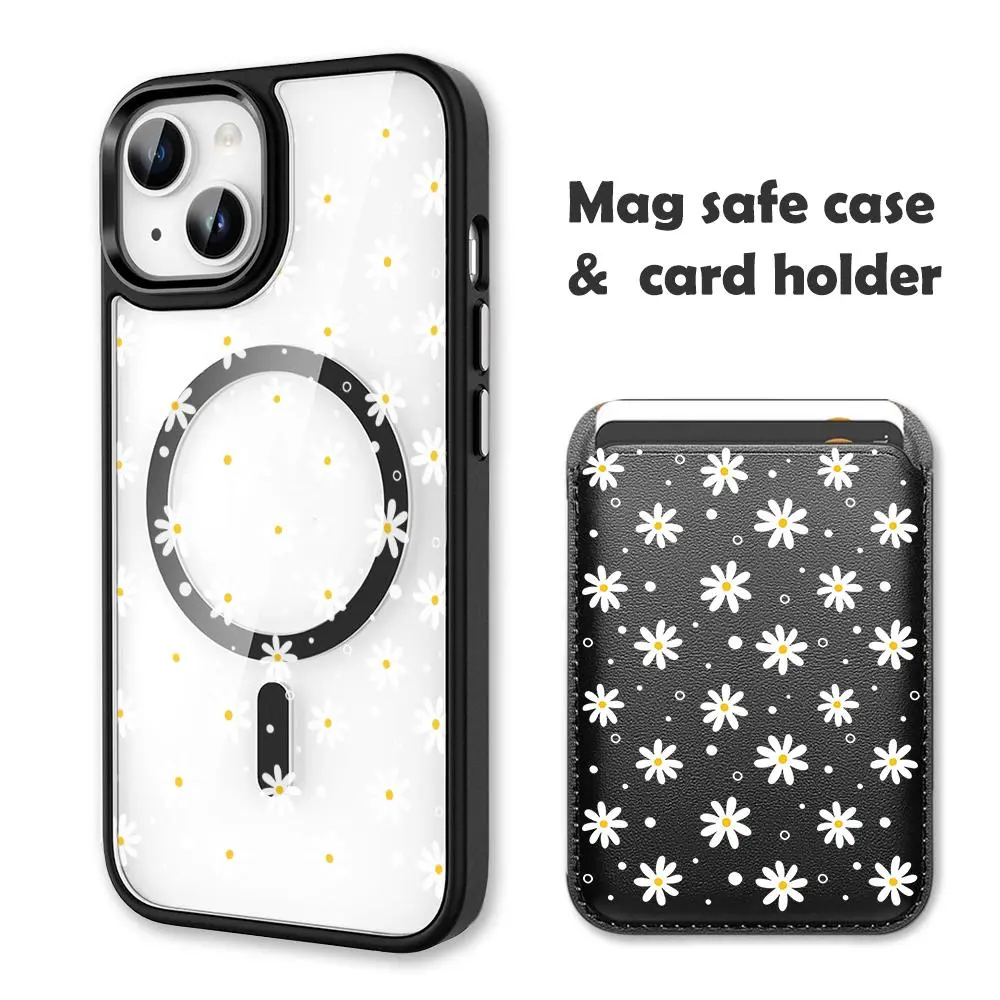 Classic Daisy White Clear MagSafe Compatible Smartphone Case with Card Holder Wallet, Magnetic Shockproof Cover for iPhone 17/16 Pro Max, Wireless Cellphone Handheld Accessories for Samsung S25 Black