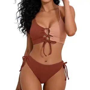 Bikini Top Set Sexy Push Up 2 Piece Swimsuit Color Block Bathing Suit Full Coverage Swimwear for Curvy Women with Cutout Criss Cross Straps and Removable Padding