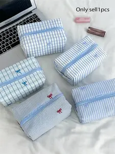 Cute Striped Check Makeup Bag with Bow Embroidery, Cotton Cosmetic Pouch, Large Capacity, Aesthetic Blue Plaid, Travel Toiletry Bag for Women