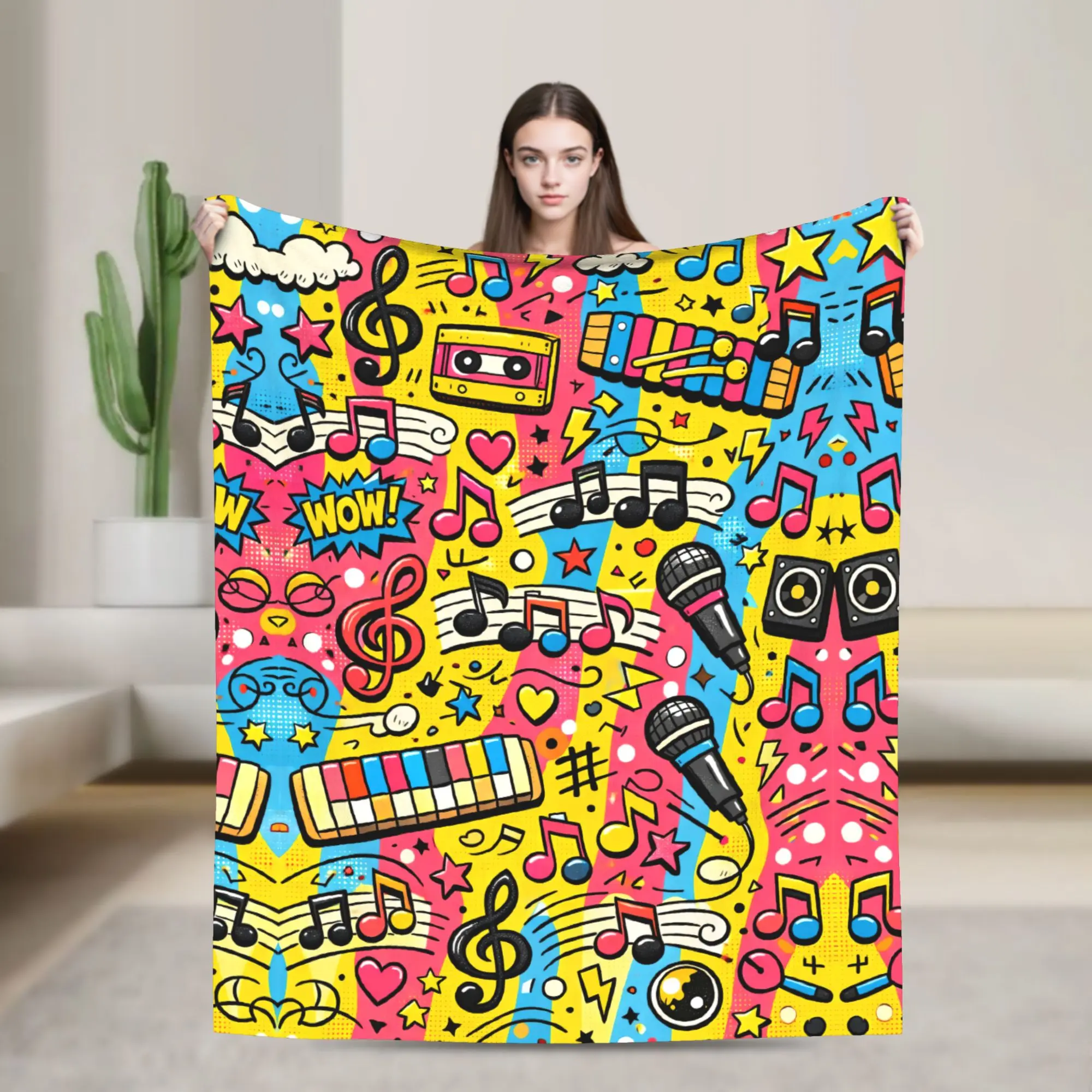 Vibrant Unisex Soft Flannel Throw Blanket - Pop Art Music Doodle Design, Microphone, Piano, Cassette, Treble Clef, Anti-Pilling, High-Density Weave, Warm, Multi-Size - Camping & Hiking Sleeping Gear, Gift for Music Lovers