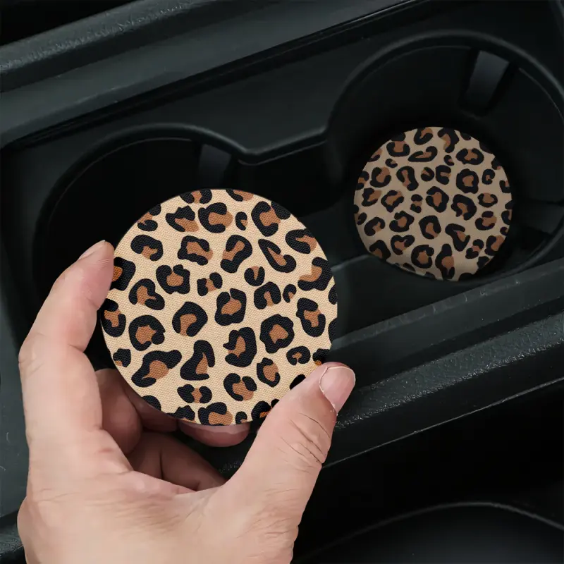 Leopard Print Car Coasters-Non-slip, 2/4pcs Durable, and Stylish Car Interior Decoration-Beautifully Packaged, Easy to Clean, Suitable Christmas and Birthday Gift for Men and Women, Leopard Print Car Accessories