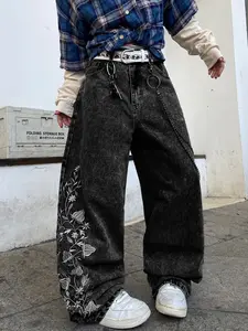Men's Loose-Fit Embroidered Jeans, Vintage Washed Wide-Leg Pants, Street Style, All Seasons, Multiple Sizes Available