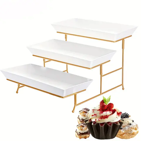Sebastian CADIA 3-Layer Dessert Frame Organiser Set - Foldable, Corrosion-Resistant Durable Metal Display Rack with 3 Dishwasher-Safe Plastic Trays, Metal Base for Steady Support, Elegant, Easy to Set Up, Organized Storage for Family Gatherings, Weddings