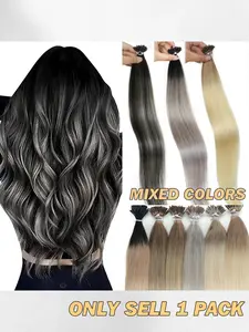 Gradient Colors I Tip Hair Extensions Real Human Hair, Natural Looking Hair, Balayage Ash Black to Light Blonde Mixed Colors 30g/50s, 1 Pack I Tips Invisible Cold Fusion Straight Texture