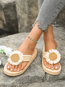 Women's Summer Sunflower Floral Decor Flat Sandals, Comfortable Elegant Slip-On Outdoor Casual Flip Flops, Textile Material