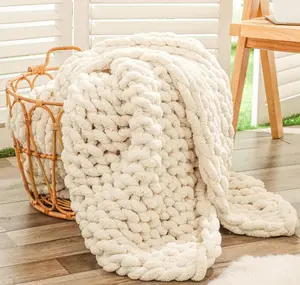 Chenille Chunky Yarn Blankets Hand Crochet Soft Cream Color Cozy Throw for Home Decor