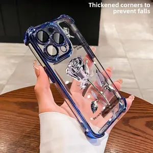 Crystal Rose Four-corner Airbag Electroplating Phone Case for 15 16 Plus 14 13 12 11 Pro Max