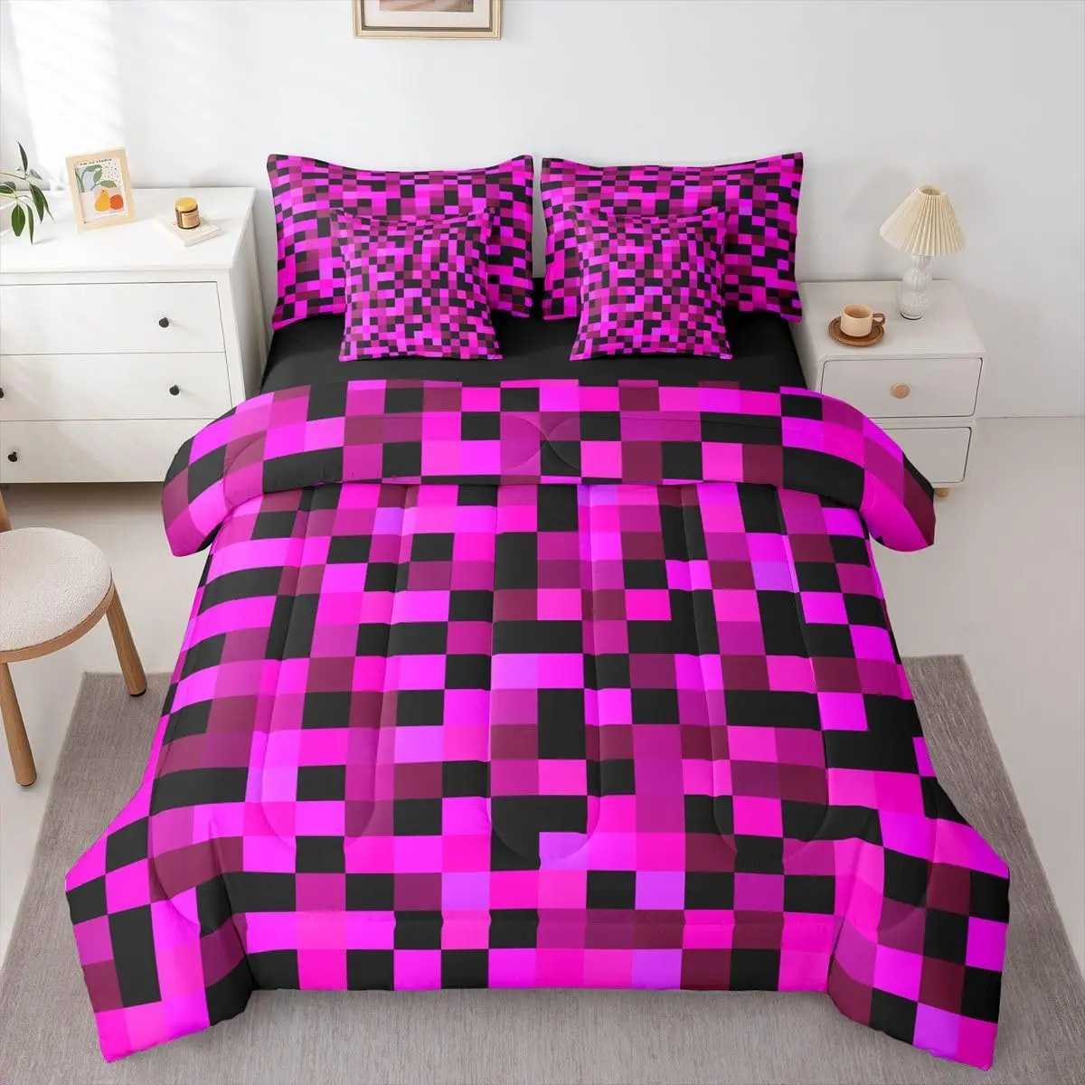 7 Piece Bed in a Bag,Purple Black Pixel Video Games Check Lattice Bedding Set Geometric Grid Bedding Set with Comforter,Fitted Sheet,Flat Sheet,Pillowcases & Shams