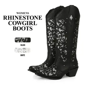 CYNLLIO Embroidered Cowboy Boots for Women Rhinestone Round Toe Chunky Block Heel Glitter Western Mid Calf Boots Pull on Fall Winter Fashion Dress Shoes