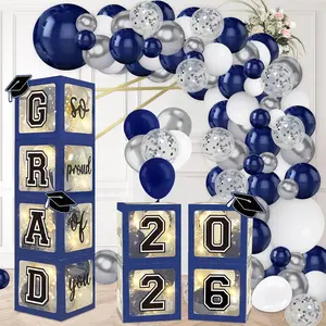 Navy Blue Graduation Decorations 2026 - Set of 4 Grad Balloon Boxes with 139pcs Balloon Arch Garland Kit & 4 Lighted Strings - So Proud of You 2026 Graduation Decorations