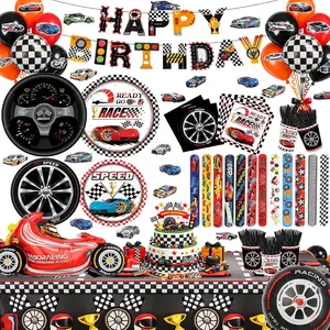 231PCS Cars Birthday Decorations Set Race Car Birthday Party Decorations Kit with Tablecloth, Banner, Plates, Cups, Napkins, Stickers & Slap Bracelets, Car