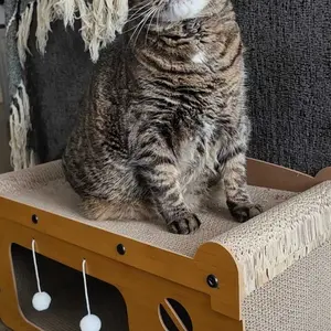 [MeynnPet] Modern Reinforced Corrugated 2-Tier Wooden Double Layer Bed, 45*28*51cm Scratch-Resistant Scratching Post Combo with Cozy Rest Area & Toy Ball, Easy-to-Assemble Multi-Functional Pet Furniture for Multiple Cats