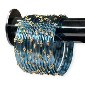 Kashmiri Rain Drop Bangles - Blue with Gold Accents, 10 Pcs, Elegant Design, Perfect for Special Occasions