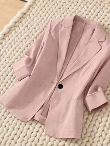 A women's Formal plain lapel single-breasted one-button mid-sleeve double-pocket Work Office suit jacket Street Style, suitable for spring and autumn seasons for and daily wear., Solid Basic, Comfort Fit, Utility Pockets