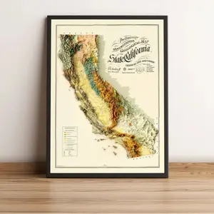 California Map, California 2D Relief Map, California Vintage Map - Unframe Print