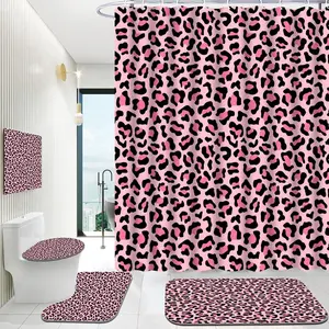 Hadint 4Pcs Pink Leopard Print Pattern Shower Curtain Set, Shower Curtain and Rug Set, 12 Pcs Hooks, 71inx71in