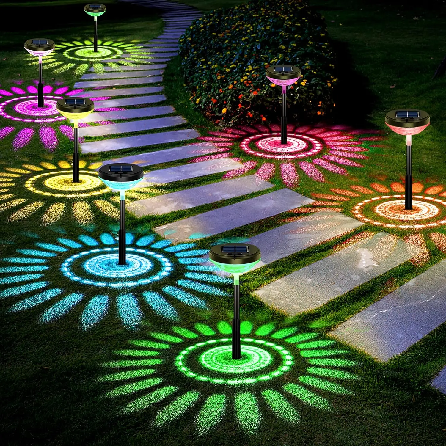 6-Pack Solar Pathway Lights Set - Multicolor & Warm White LED Shadow Projection Solar Lanterns Decoration, IP Waterproof Plastic Outdoor Lights Lamps, Sunflower Garden Decor for Yard