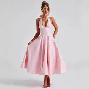 2026 New Fashion Elegant Backless Tie-Waist Embroidered V-Neck Sleeveless Dress, Solid Color Long Slim Fit Party Dress for Wome