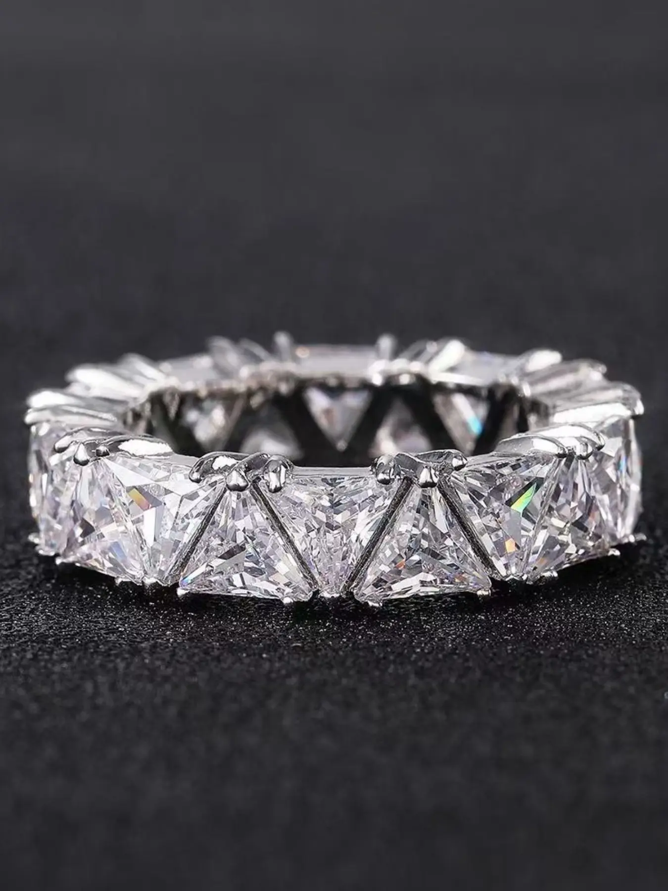 3 Color Triangle Cut Zircon Eternity Band Ring, Sparkling Stackable Engagement Ring, Hypoallergenic Wedding Ring, Unisex Daily Wear Jewelry, Statement Ring
