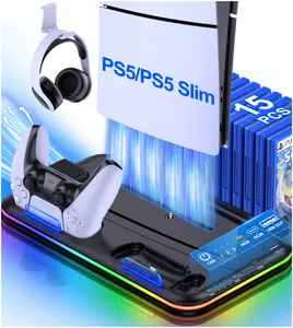PS5 Stand, PS5 Slim Stand with Cooling Station and Controller Charging Station for PS5 Slim Console Disc/Digital, PS5 Accessories-Cooling Fan, RGB LED, Headset Holder, 15 Game Slot for PS5