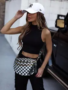 Perfect Gift! DOYOGI All-in-One Women's Crossbody Bag - Multi-Purpose Makeup & Travel Organizer, Sports Belt Bag for Outdoor, Everyday Use Checkered Fanny Pack