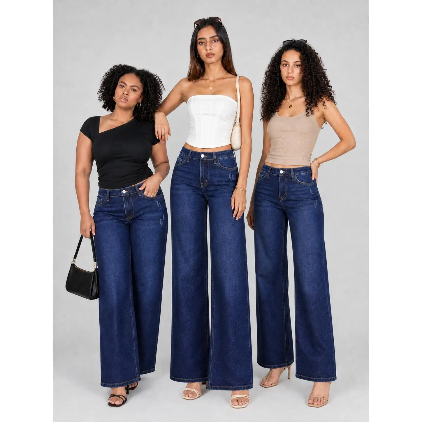 3 Lengths Magic ONESO Tummy Control Mid-low Rise Baggy Jeans Stretchy Wide Leg for Women Distressed Denim Pants Womenswear Bottbom 8001 Lady Basic Minimalist Comfortable Denim Curve Hugging Plus Size Regular Size BBL