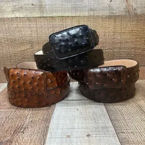 Men's Western Cowboy Genuine Cow Leather Ostrich Print Belt Square Buckle Cinto Avestruz Hebilla Cuadrada
