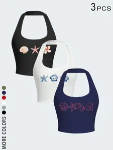 TikTok Viral, Vibe 2026 Women's 3 Piece Halter Crop Tops Set - Coastal Beach Seashell Starfish Print Sleeveless U-Neck Crop Tank Tops, for Beach, Beachy, Vacation, Festival - Summer Outfits for Teen Girls & Young Women - 2026 Bachelorette Party