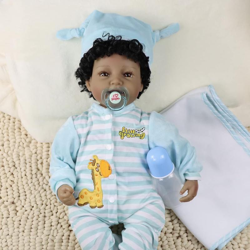 22" African American Baby Doll, Realistic Black Reborn Baby Dolls Silicone Vinyl Babydoll, Lifelike Soft Cloth Body Boy Doll, Birthday Set for Aged 3+
