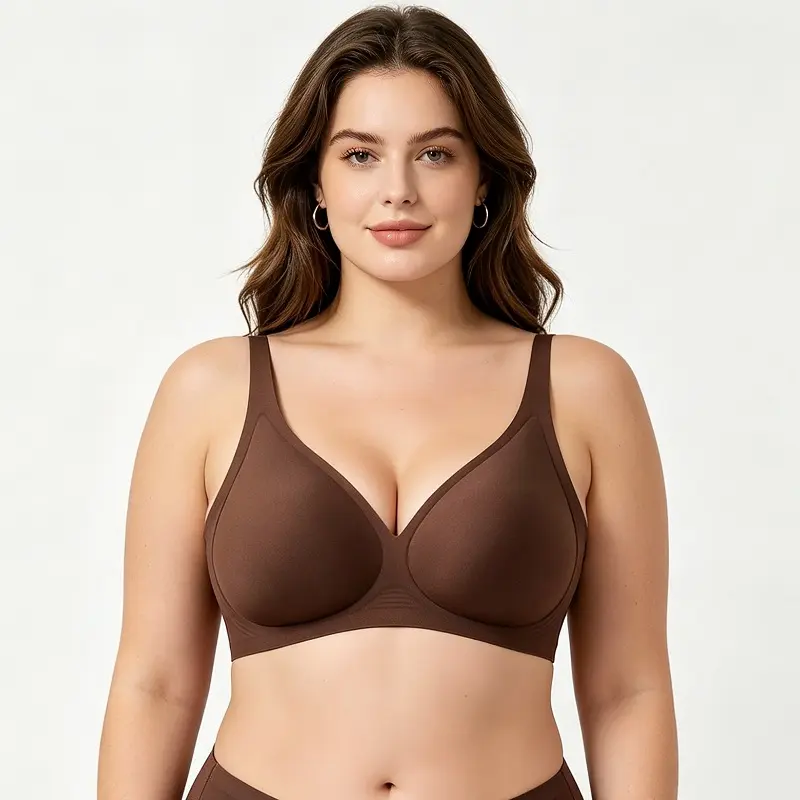 Plus Size Seamless Wireless Bra, Full Coverage Supportive Bra for Large Busts, V-Neck Invisible Comfortable Everyday Non-Underwire Bra Smooth Style
