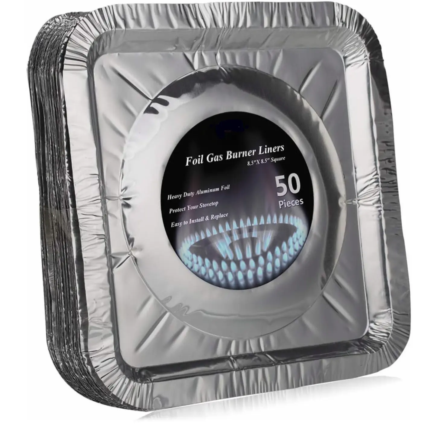 [New Deal]- 50 Pack Aluminum Foil Square Stove Burner Covers Disposable Heavy Thick Quality Bib Liners Drip Pans Gas Range Top Protectors 8.5 Cookware