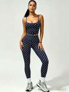 Y2K Women's Polka Dot Yoga Workout Set, Sexy Camisole & High-Waisted Pants, Slim-Fit, Fitness, Jogging, Everyday Wear