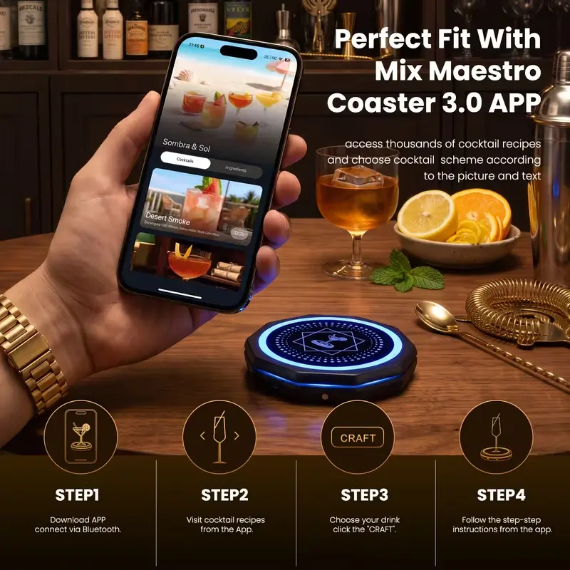 Wireless Smart Coaster 3.0 – Automatic Cocktail & Beverage Maker with App Control | Black Coaster Home Bartender Cocktail Mixer, Featuring Over 1,000 Cocktail Recipes, Stylish gadget perfect as a birthday gift for men and fathers