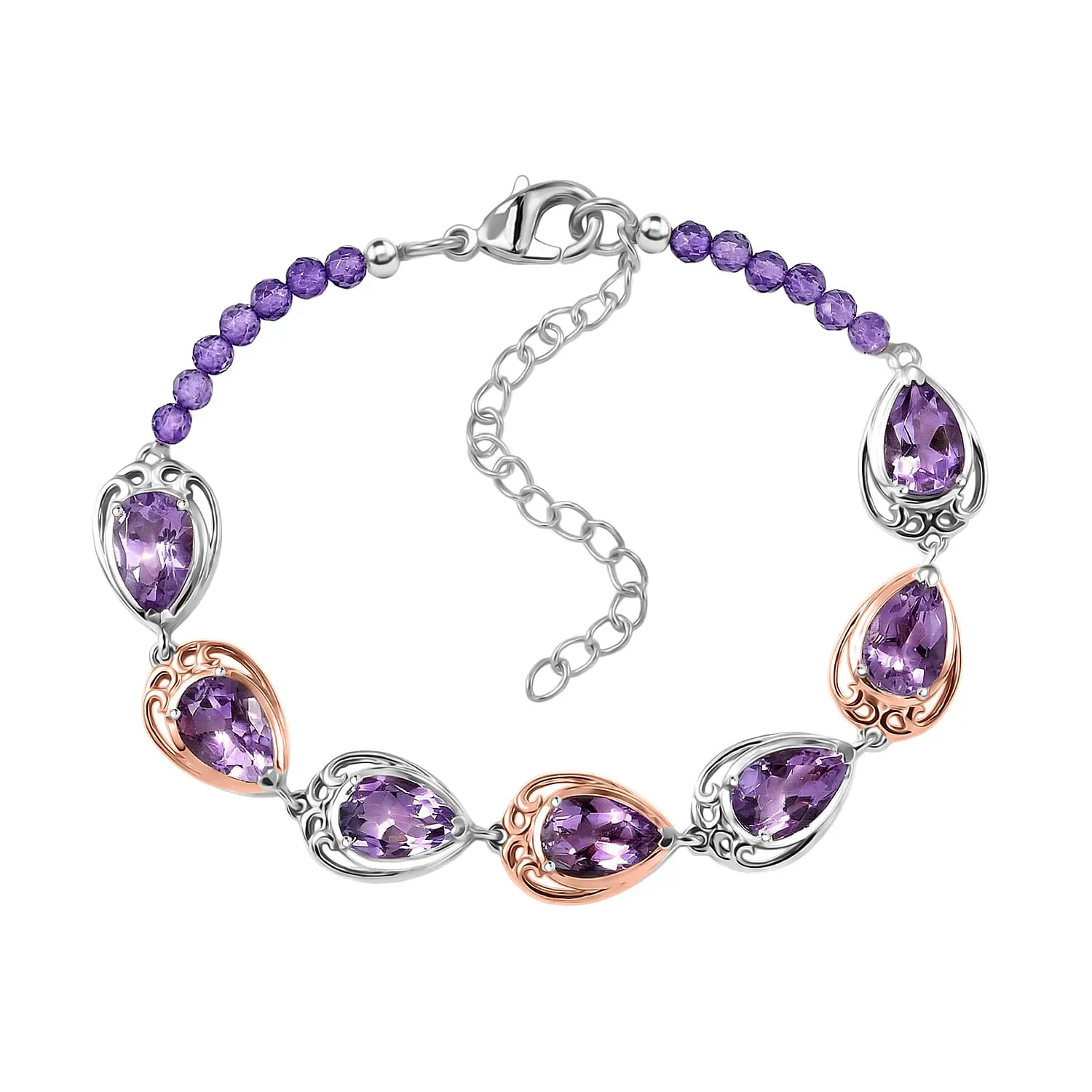 EverTrue Rose De France Amethyst, Amethyst Beaded Bracelet in 18K RG Plated and Platinum Bond (6.50 In) 11.40 ctw