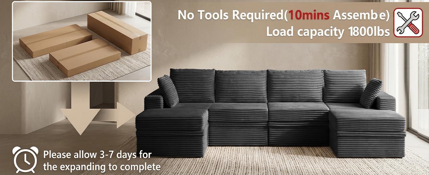 【3 Packages Shipping】NABUMI 142" Modular Sectional Sofa with Storage, Oversized U-Shaped Cloud Couch with Ottoman, 27" Deep Seat Memory Foam Corduroy 6-Seater Couches, Ergonomic Memory Foam, Free Combination, Tool-Free Assembly, Black BeigeDark Gray Green