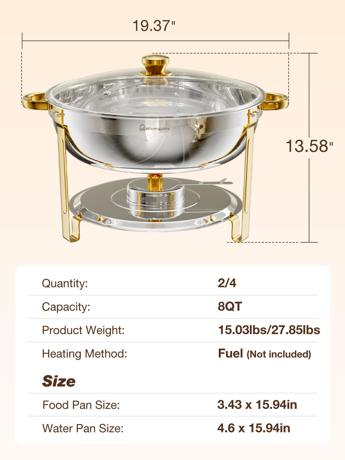 WARMOUNTS 8QT Gold Chafing Dishes for Buffet with Glass Lid , Round Chafers and Buffet Warmers Set with Mirror-Polished Stainless Steel, Rolled Rim, Stackable, Lid Holder for Parties, Weddings, Easter, Gatherings (2/4 Pack）