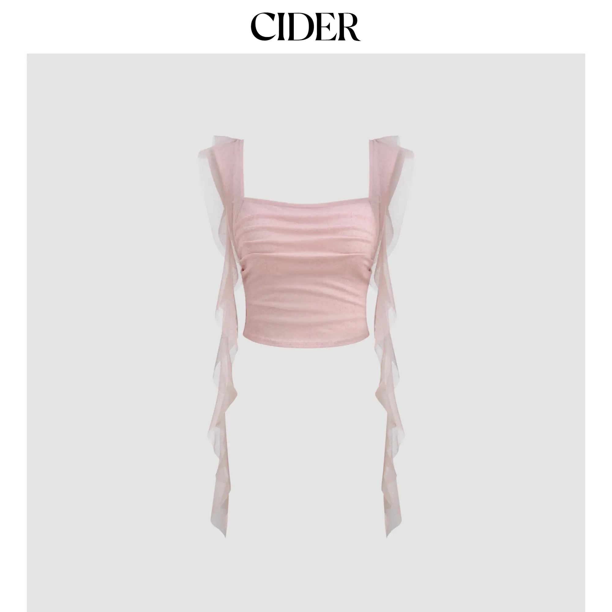 Cider Women's Solid Mesh Crop Tank Top - 0-10 Size, Square Neck, Ruched Details, Ruffle Hem